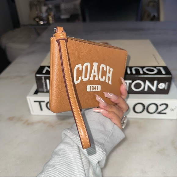 Coach 1941 Varsity Logo Pebbled Leather Zip Wristlet Pouch in Light Saddle Tan - Picture 5 of 7